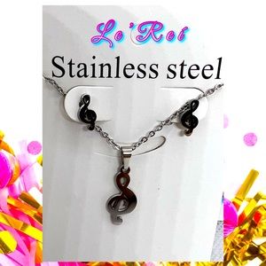 Stainless Steel Silver Music Note Clef Necklace and Earrings Set